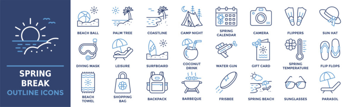 Spring Break icon collection set. Containing ball, palm, coastline, camp night, calendar, camera, temperature and more. Outline vector icons collection