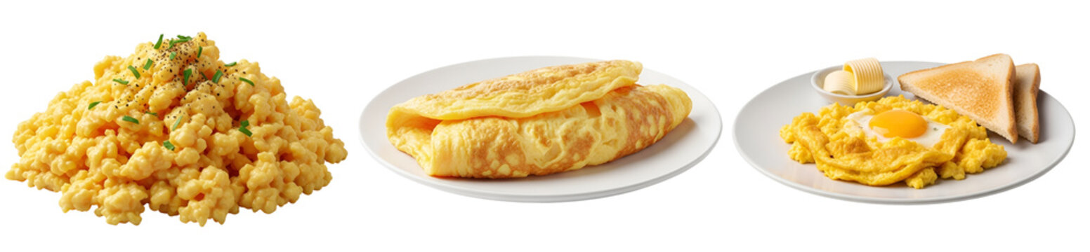 A delicious plate of scrambled eggs and omelets on transparent background