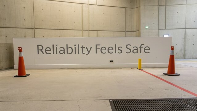 Modern interior of a parking garage featuring a motivational quote about reliability and safety with traffic cones