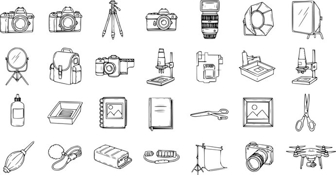 Photography Equipment Hand-drawn Sketch Line Art Vector Icons. Studio Tools, Camera Gear, and Darkroom Accessories Doodles Collection.