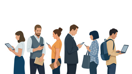 Fototapeta premium A diverse group of six people actively uses various digital devices including smartphones, tablets, and a laptop