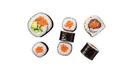 Assortment of fresh Japanese sushi rolls, including salmon maki and uramaki with avocado. © Ian