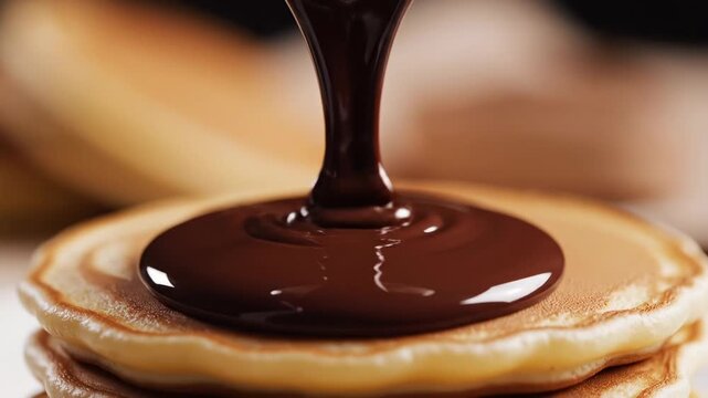 Pouring rich dark chocolate sauce over a stack of golden pancakes, close-up detail of melting confection, delicious breakfast treat, food preparation