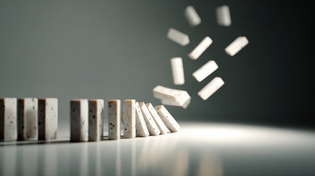 Domino effect in motion, symbolizing the chain reaction. The picture captures the moment when the dominoes start to fall, showcasing a concept of cascading events and interconnectedness.