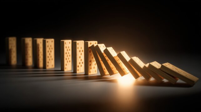 Dominoes cascading, symbolizing chain reaction