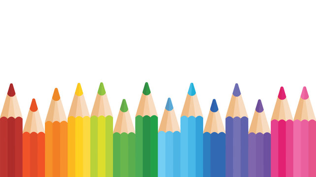 Colored pencils border vector illustration, vibrant pencil frame on white background with copy space for text, creative school and art design.