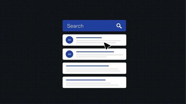 Advertising campaign animation shows user clicking ad and expanding promotion to growth chart. Advertising campaign animation displays performance metrics and conversion tracking loop motion graphic.