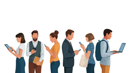 Obraz premium A line of diverse people stands, each focused on personal mobile devices, including phones and a laptop