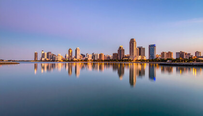 Obraz premium City skyline reflected in calm water at sunset or sunrise