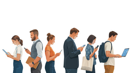 Obraz premium A line of six diverse people concentrating on their handheld digital devices and a laptop computer