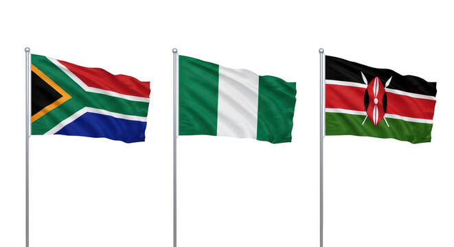 Three national flags of South Africa Nigeria and Kenya on flagpoles waving isolated on transparent background