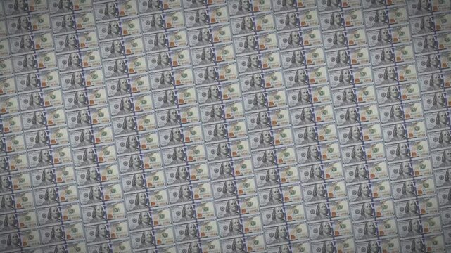 Seamless grid pattern of one hundred US dollar bills slowly moving, representing financial systems, mass production, and global economic growth.