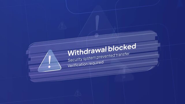 Fraud alert animation shows glitch notification with typing text and warning message. Fraud alert animation displays suspicious withdrawal detection and security risk interface motion graphic