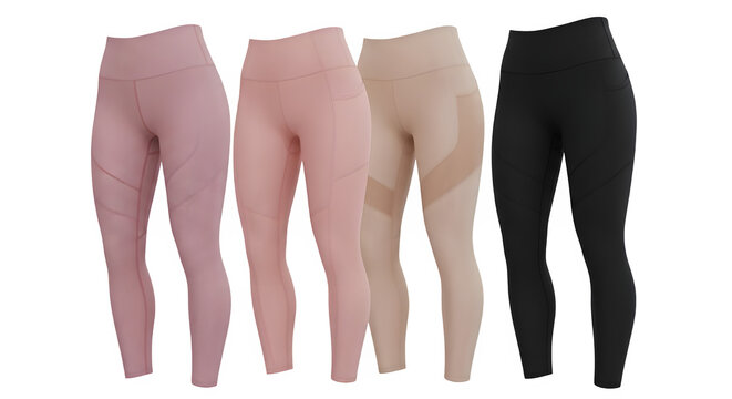 Four pairs of women's leggings in different shades of pink and black