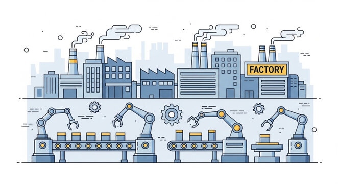 Modern factory with automated robotic arms on assembly line.