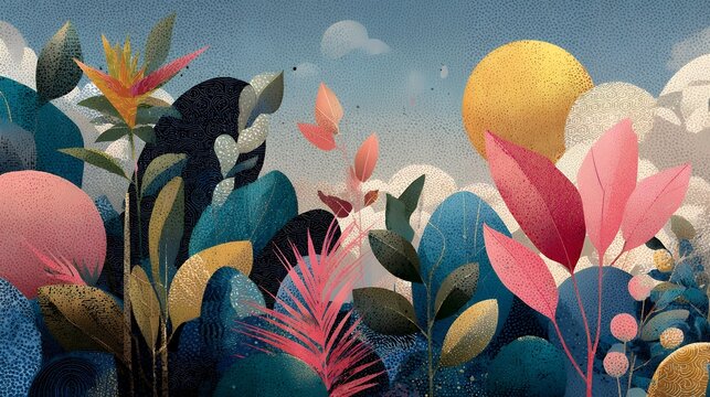 artistic anxiety relief concept, flat Memphis + boho fusion style, chaotic geometric shapes dissolving into peaceful nature elements like leaves, water ripples and sunlight, decorative geometric and o