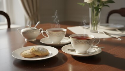 Fototapeta premium Hot steaming tea in elegant white cups with cookies on a wooden table for a relaxing afternoon break.