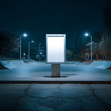 Blank Vertical Poster Stand Mockup Outdoors at Night with Street Lights, Advertising Billboard