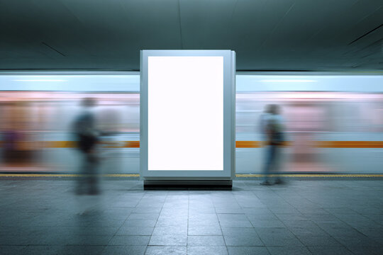 Blank Vertical Digital Billboard in Subway Station with People Walking, Advertising Mockup