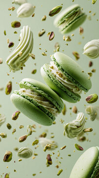 Green Pistachio Macarons with Scattered Nuts on White Background, French Pastry Food Concept