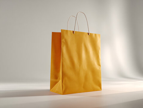 3D Realistic Brown Paper Shopping Bag Isolated on White Background, Retail Mockup