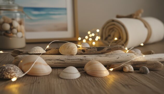 Cozy beach decor with seashells, driftwood, and warm string lights on wood