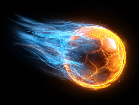 3D Soccer Ball Flying at High Speed with Orange and Blue Energy Fire Flames, Sports Background