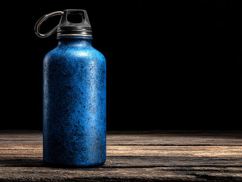 Blue Sports Water Bottle on Dark Background, Fitness Hydration and Active Lifestyle Concept