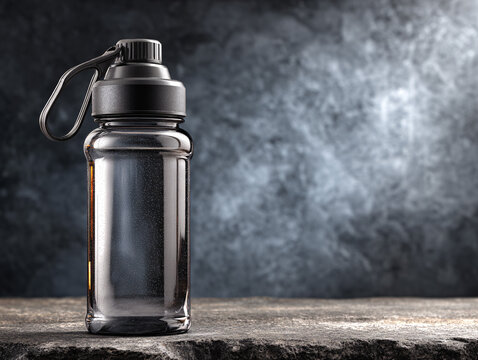 Dark Sports Water Bottle Shaker on Smoky Table Background, Fitness Hydration Concept