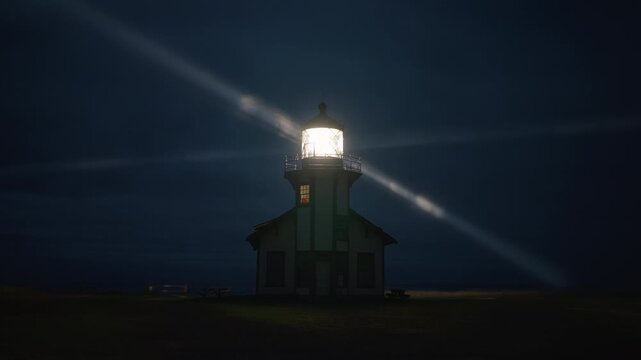 Historic lighthouse shining at night with rotating beams spreading across foggy sky near Mendocino, California, USA, creating strong visual contrast and atmospheric coastal mood