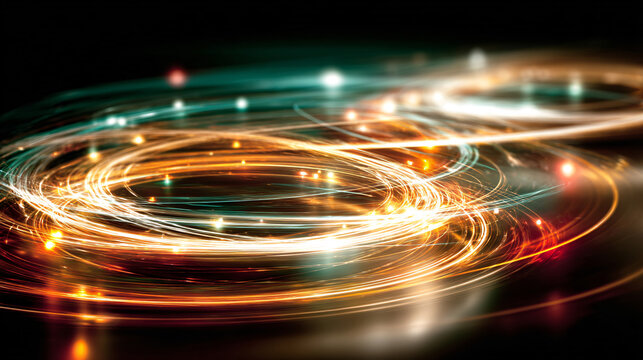 Golden Swirling Light Trails and Energy Rings on Dark Background, Abstract Motion Art