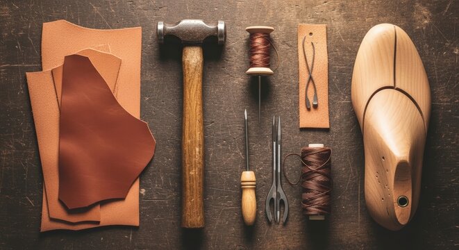 Shoemaking tools and leather materials.