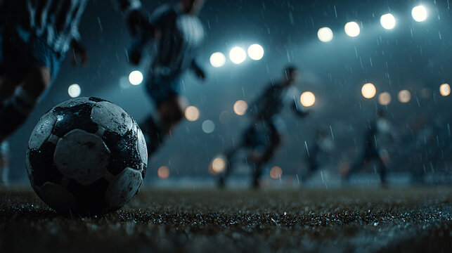Soccer Players in Action on Night Stadium Field with Bright Floodlights, Football Match