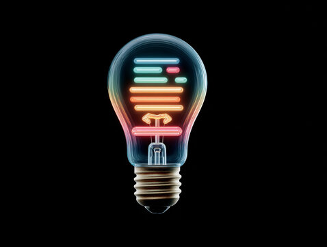 Digital Technology Light Bulb with Colorful Neon Lines on Dark Background, AI Innovation Concept