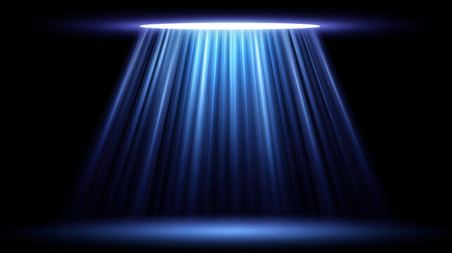 Dramatic Blue Light Rays Beaming Down on Dark Stage Background, Spotlight Concept