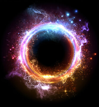 Glowing Energy Portal Ring with Colorful Neon Lights on Dark Space Background, Sci-Fi Concept