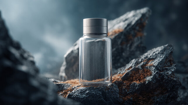 Luxury Perfume Bottle on Rocky Mountain Landscape with Dramatic Misty Background