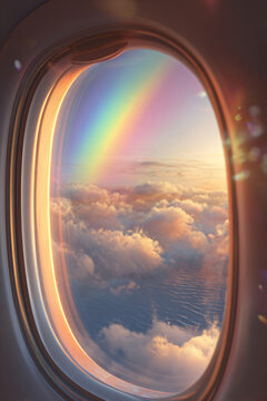 Fantasy Portal Arch with Rainbow and Clouds, Aerial Dreamlike Surreal Sky Landscape