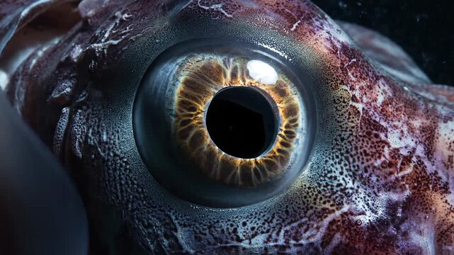 Squids eye in a close up portrait looking at the viewer