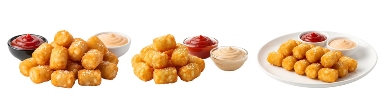 A delicious serving of crispy tater tots with various dipping sauces on transparent background