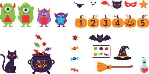 Fototapeta premium Set of Cute Halloween and Monster Illustrations Featuring Pumpkins, Cats, Bats, Candy, and Costumes for Holiday Designs
