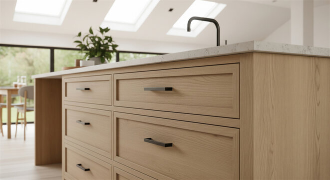 Modern light wood kitchen island with shaker cabinets, minimalist oak cabinetry with black handles, contemporary kitchen interior design