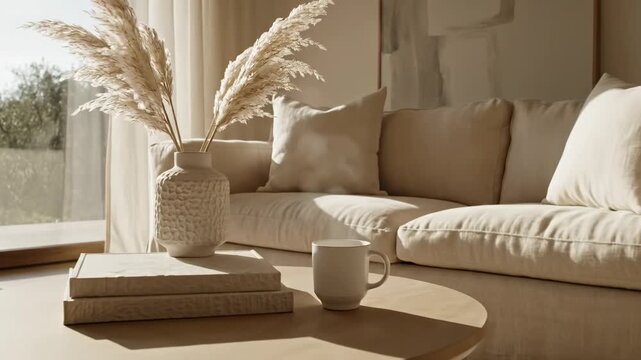 Cozy living room corner with plush sofa, textured vase holding pampas grass, and a coffee table, warm natural light, hygge ambiance