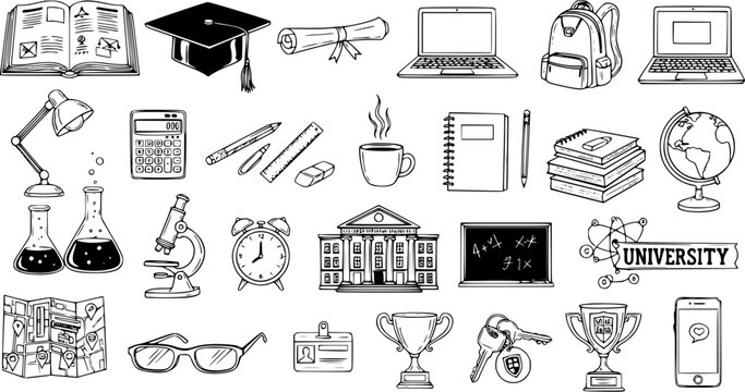 University Education Hand Drawn Line Art Icon Set. Black and White Academic and Study Elements Collection for College and Student Life.