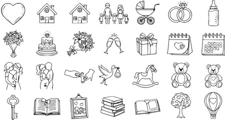 Life Milestones Doodle Vector: Wedding, Family, Baby, Love - Black and White Line Art Icons © devanca
