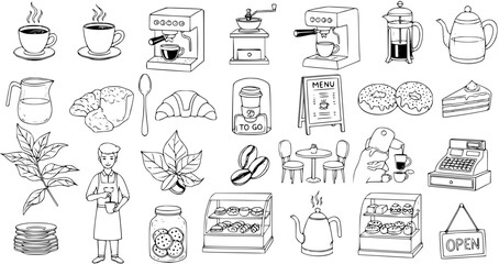 Fototapeta premium Coffee Shop Vector Line Art: Food, Beverages, Bakery, and Menu
