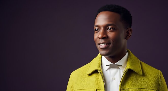 Black man smiling while wearing a stylish chartreuse green textured jacket and a unique silver collar bar against a dark purple studio background