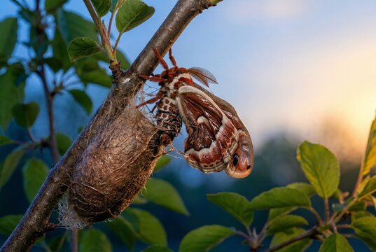 Freshly emerged hyalophora cecropia silk moth stretching wet wings on cocoon