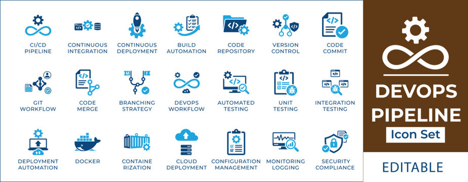 DevOps pipeline icon set featuring CI/CD automation, infinity loop, containerization, cloud deployment, version control, bug tracking, and software development workflow symbols.