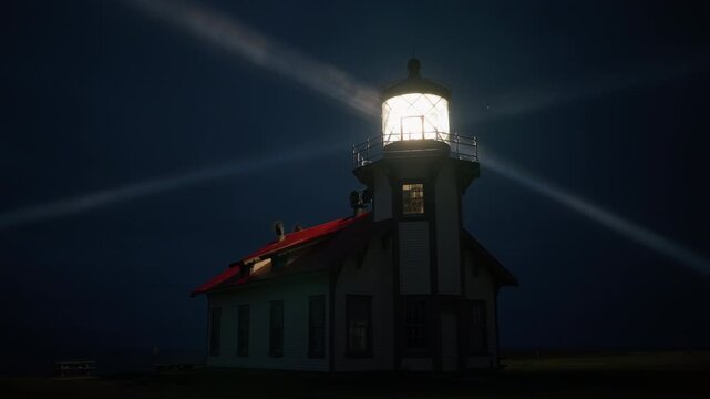 Coastal lighthouse beacon shining through fog over Pacific Ocean at night near Mendocino, California, USA, with strong light rays spreading across dark sky and ocean horizon